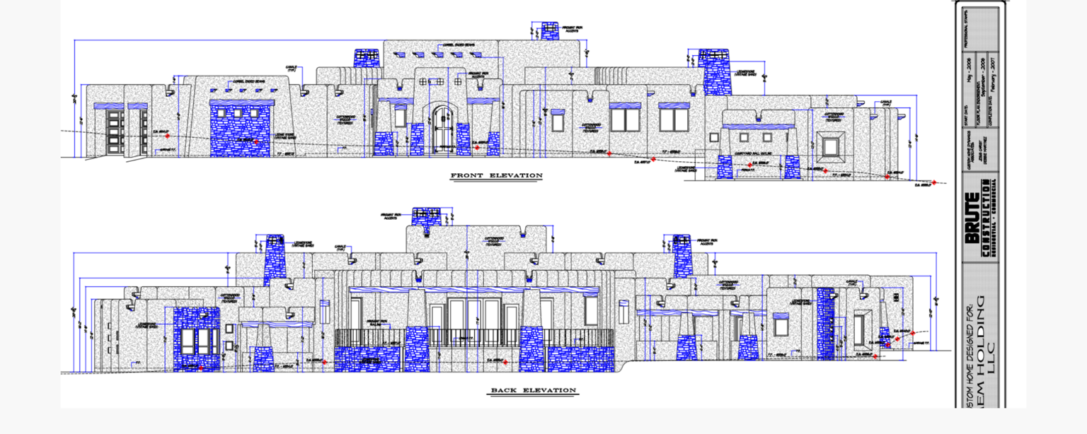 2D front and back elevation rendering of the same custom home