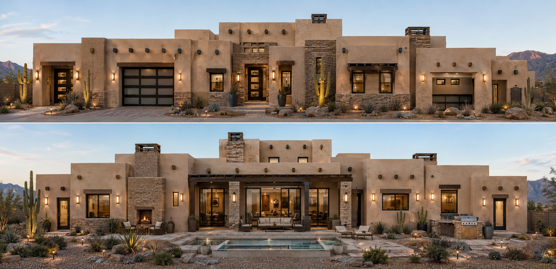 Completed Southwest custom home showing front exterior and rear patio with pool