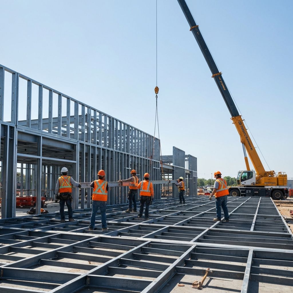 Construction workers building structure